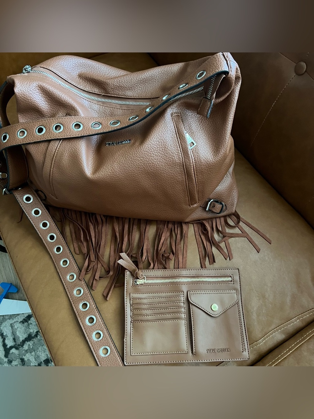 Steve Madden Brown Tan Tassel Fringe Shoulder Bag Purse & Card Wristlet Wallet L